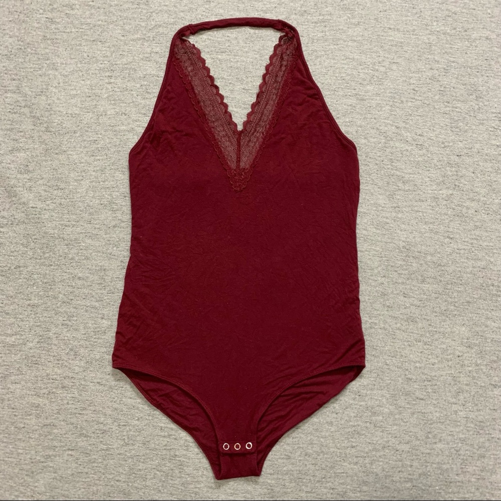 American Eagle Outfitters First Essentials Maroon V-Neck Lace Halter Bodysuit